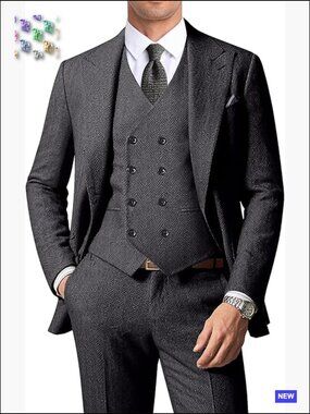Herringbone Tweed Three Piece Suit Set Classic Fit Retro Peak Lapel Blazer